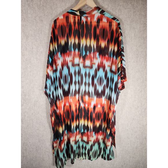 a.n.a. Colorful Blue Black Rust Geometric Lightweight Duster Cardigan SZ 1X - Picture 2 of 6